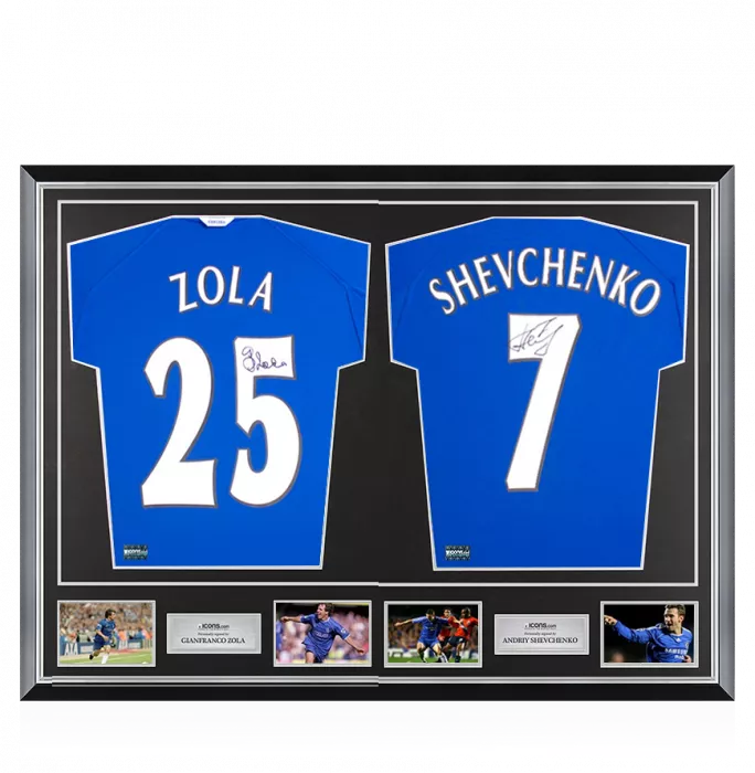 icons Gianfranco Zola & Andriy Shevchenko Signed Chelsea Shirts In Classic Dual Frame