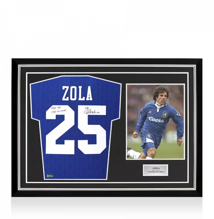 icons Gianfranco Zola Back Signed Chelsea 1997 FA Cup Shirt - FA Cup Winner Inscription In Hero Frame: Option 1