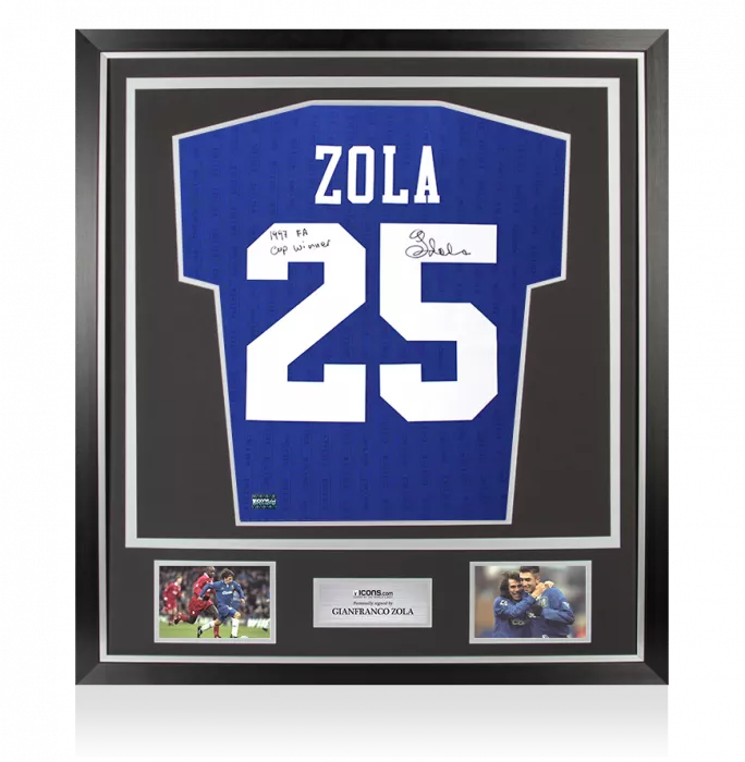 icons Gianfranco Zola Back Signed Chelsea 1997 FA Cup Shirt - FA Cup Winner Inscription In Classic Frame