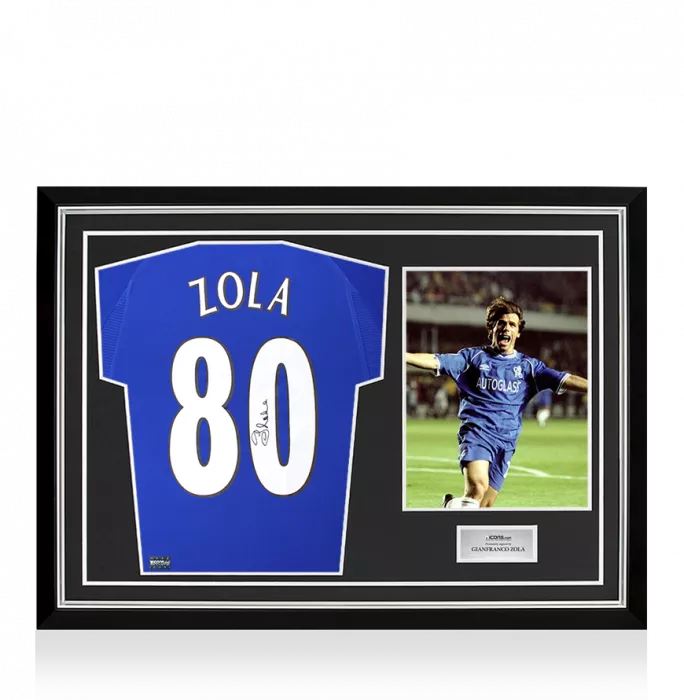 icons Gianfranco Zola Back Signed Chelsea 2000 Home Shirt: 80 Goals Edition In Hero Frame: Option 1
