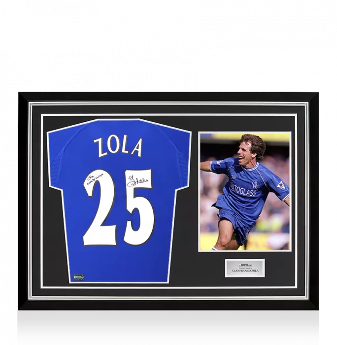 icons Gianfranco Zola Back Signed Chelsea 2000 Home Shirt - Little Magician Inscription In Hero Frame: Option 1