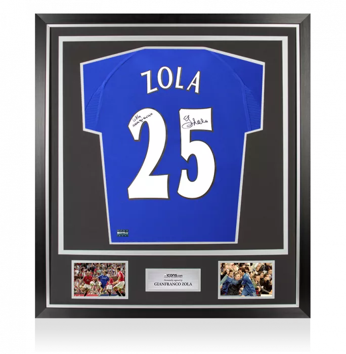 icons Gianfranco Zola Back Signed Chelsea 2000 Home Shirt - Little Magician Inscription In Classic Frame