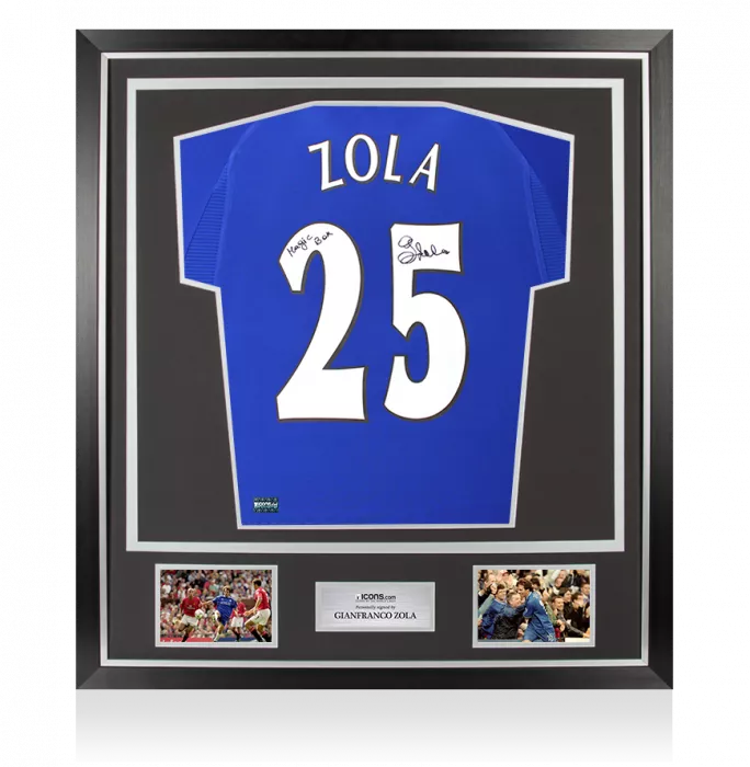 icons Gianfranco Zola Back Signed Chelsea 2000 Home Shirt - Magic Box Inscription In Classic Frame
