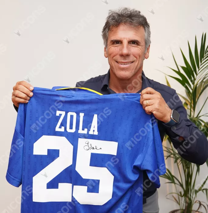 Icons Gianfranco Zola Back Signed Chelsea FC 1997 Home Shirt With Fan Style Numbers: FA Cup Final Edition In Hero Frame: Option 1