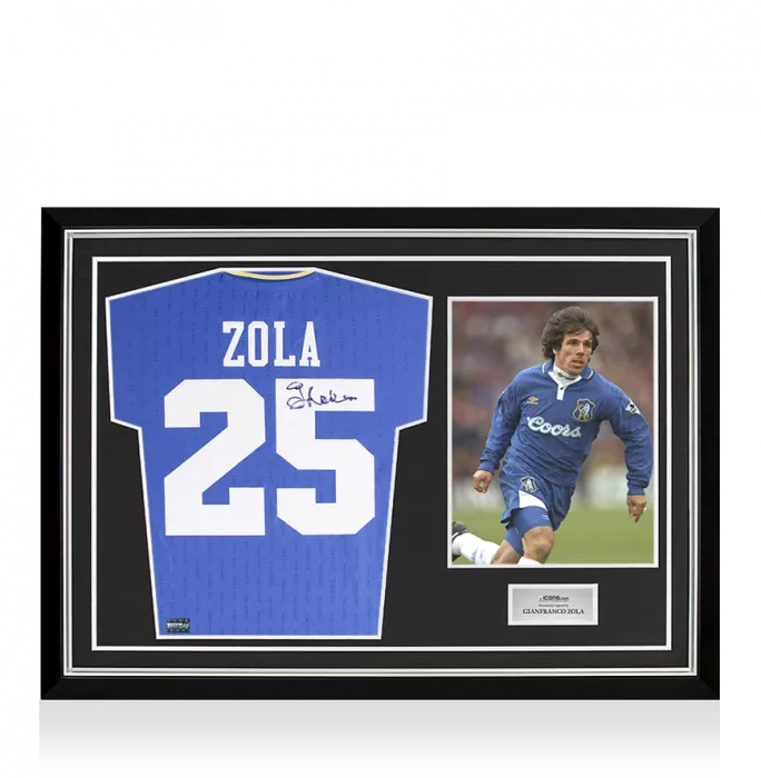 icons Gianfranco Zola Back Signed Chelsea FC 1997 Home Shirt with Fan Style Numbers: FA Cup Final Edition In Hero Frame: Option 1
