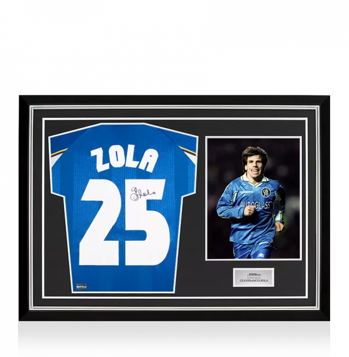 icons Gianfranco Zola Back Signed Chelsea FC 1998 Home Shirt: Cup Winners' Cup Final Edition In Hero Frame: Option 1
