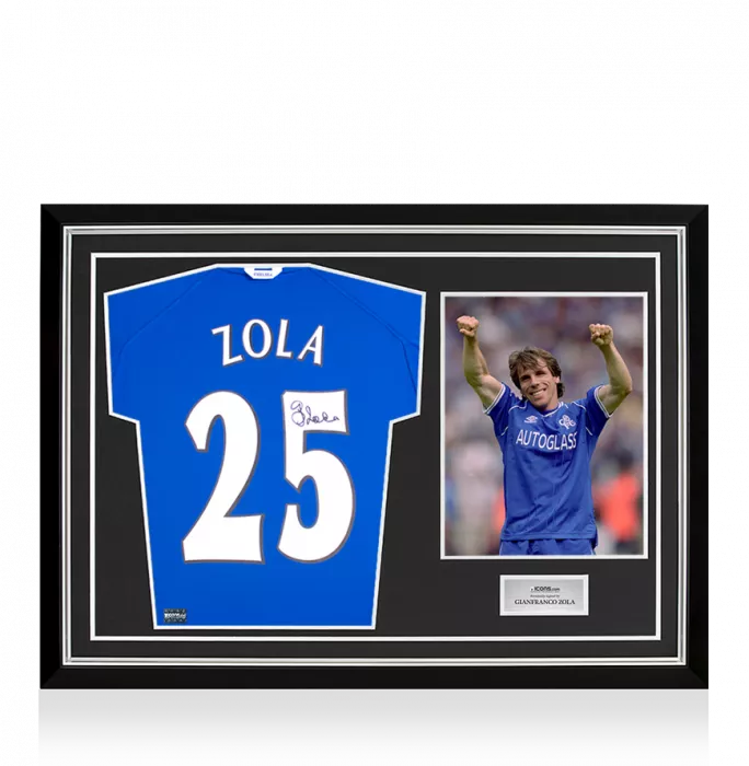 icons Gianfranco Zola Back Signed Chelsea FC 2000 Shirt with Fan Style Numbers In Hero Frame: Option 1