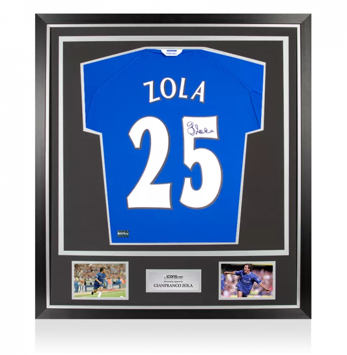 icons Gianfranco Zola Back Signed Chelsea FC 2000 Shirt with Fan Style Numbers In Classic Frame