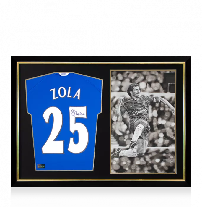 icons Gianfranco Zola Back Signed Chelsea FC 2000 Shirt with Fan Style Numbers and Original Artwork In Hero Frame: Limited Edition 1/1