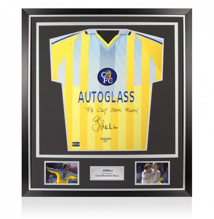 icons Gianfranco Zola Front Signed Chelsea 1998 Away Shirt - FA Cup Semi-Final Inscription In Classic Frame