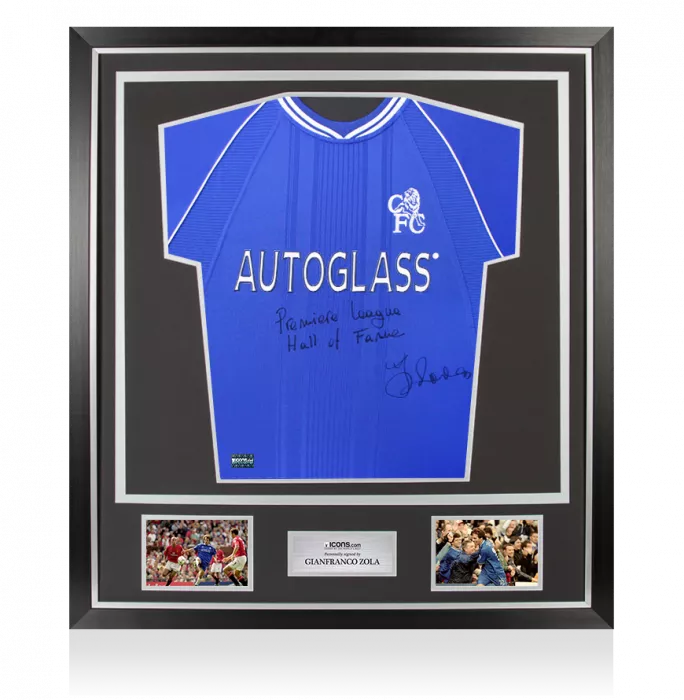 icons Gianfranco Zola Front Signed Chelsea 2000 Home Shirt - Premier League Hall of Fame Inscription In Classic Frame