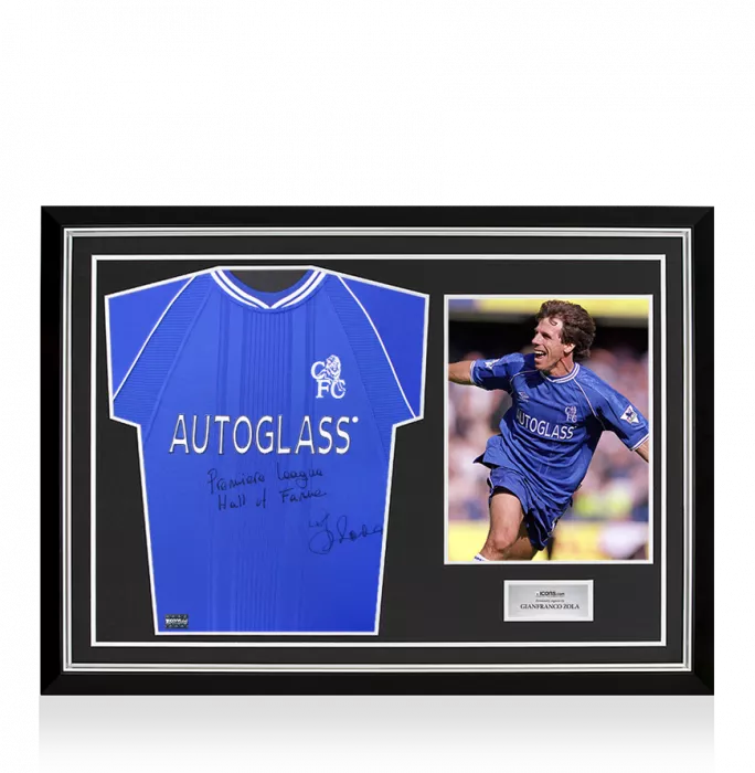 icons Gianfranco Zola Front Signed Chelsea 2000 Home Shirt - Premier League Hall of Fame Inscription In Hero Frame: Option 1