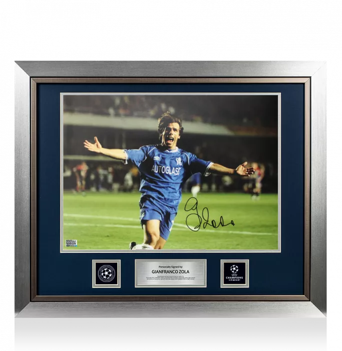 icons Gianfranco Zola Official UEFA Champions League Signed and Framed Chelsea Photo: UEFA Champions League Celebration
