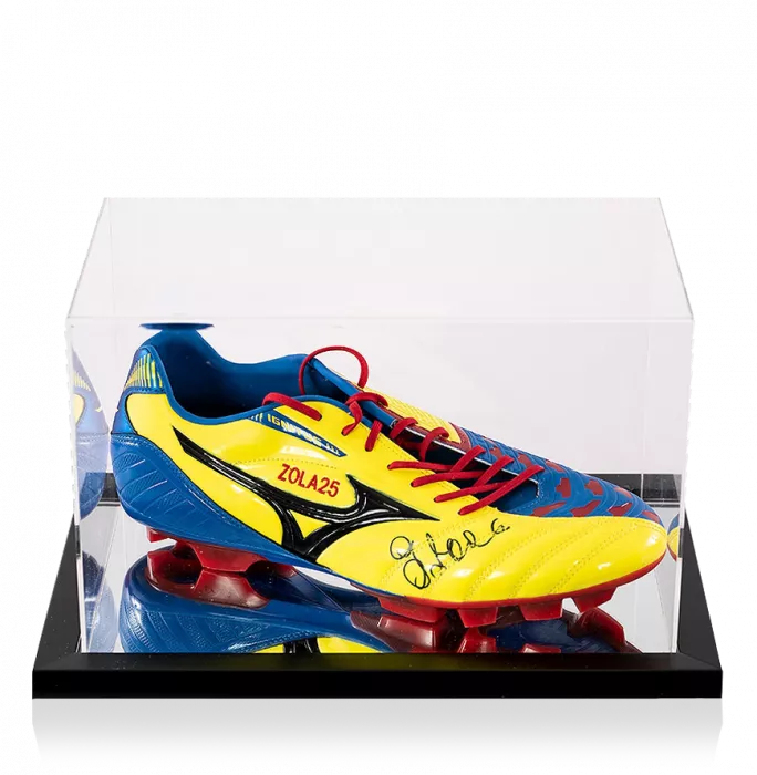 icons Gianfranco Zola Signed Blue and Yellow Mizuno Boot In Acrylic Case