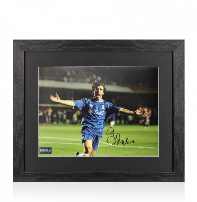 Icons Gianfranco Zola Signed Chelsea Photo In Black Wooden Frame: UEFA Champions League Celebration