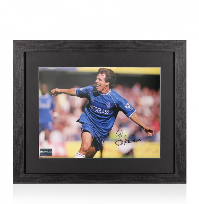Icons Gianfranco Zola Signed Chelsea Photo In Black Wooden Frame: Premier League Celebration