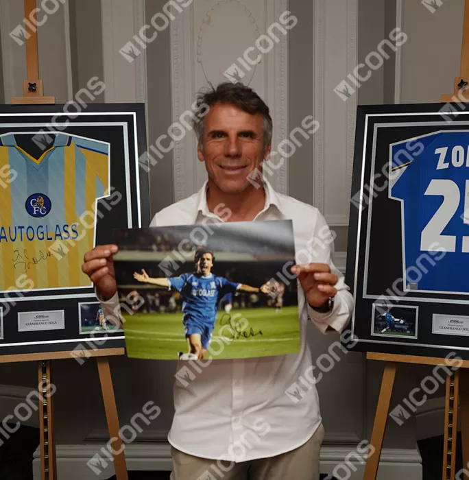 Icons Gianfranco Zola Signed Chelsea Photo In Premium Photo Frame: UEFA Champions League Celebration