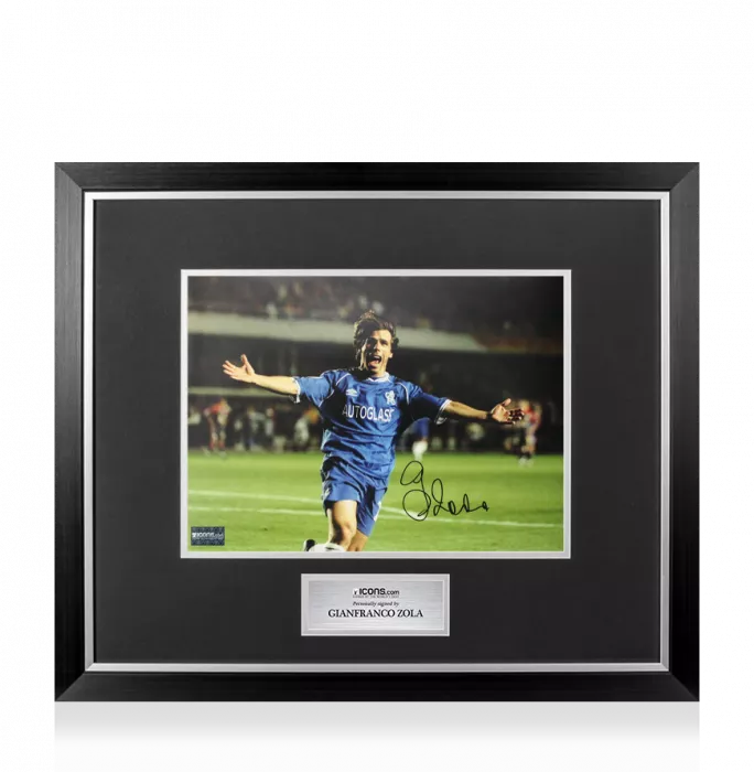 Icons Gianfranco Zola Signed Chelsea Photo In Premium Photo Frame: UEFA Champions League Celebration