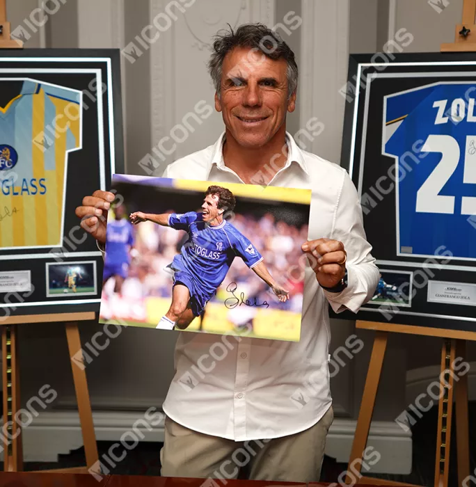 Icons Gianfranco Zola Signed Chelsea Photo In Premium Photo Frame: Premier League Celebration