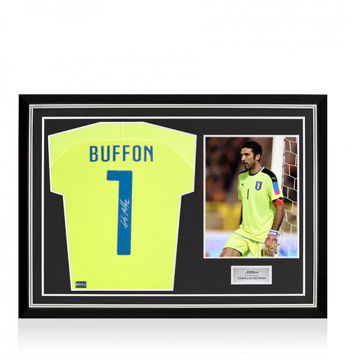 icons Gianluigi Buffon Back Signed Italy 2014-15 Goalkeeper Away Shirt In Hero Frame: Option 1