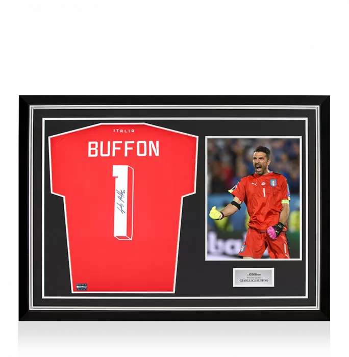 icons Gianluigi Buffon Back Signed Italy 2022-23 Goalkeeper Shirt with Fan Style Number In Hero Frame: Option 1