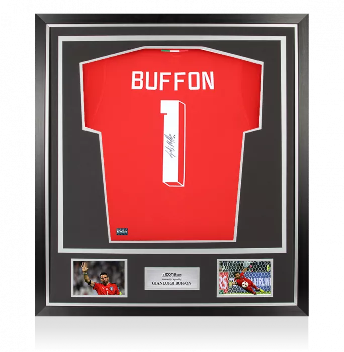 icons Gianluigi Buffon Back Signed Italy Modern Goalkeeper Shirt with Fan Style Number In Classic Frame