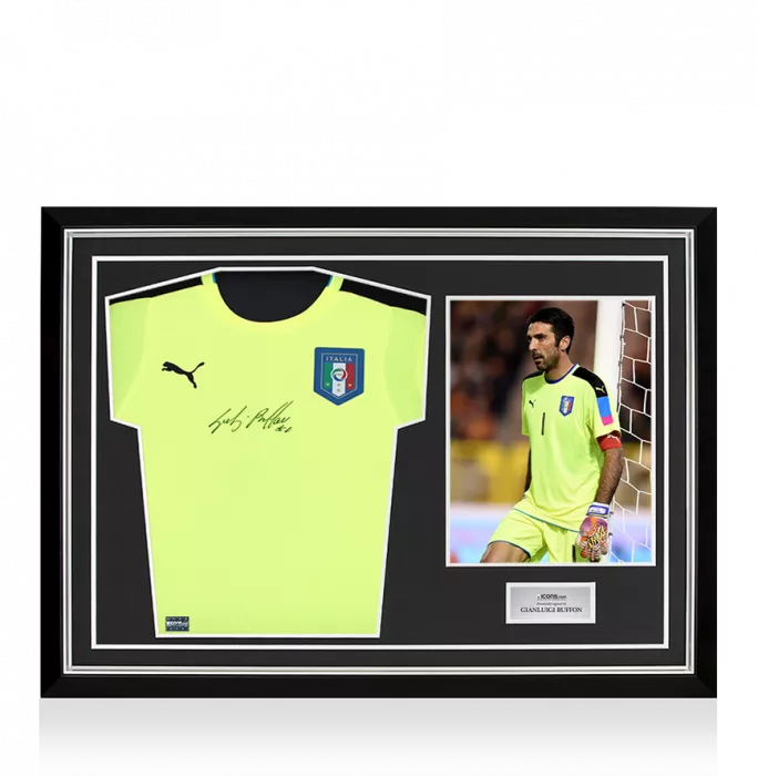 icons Gianluigi Buffon Front Signed Italy 2016-17 Goalkeeper Shirt In Hero Frame: Option 1