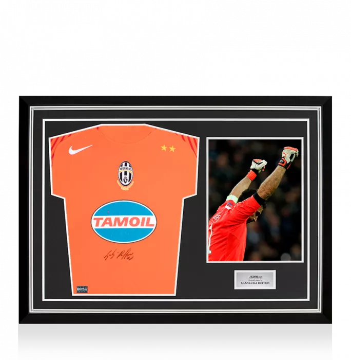 icons Gianluigi Buffon Front Signed Orange Juventus 2005-06 Goalkeeper Shirt In Hero Frame: Option 1