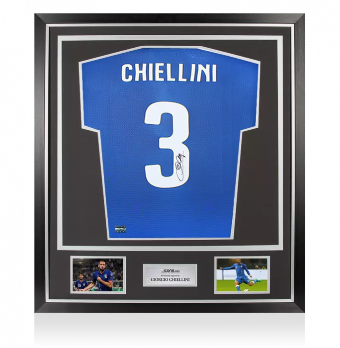 icons Giorgio Chielini Back Signed Italy 2014-15 Home Shirt with Fan Style Number In Classic Frame
