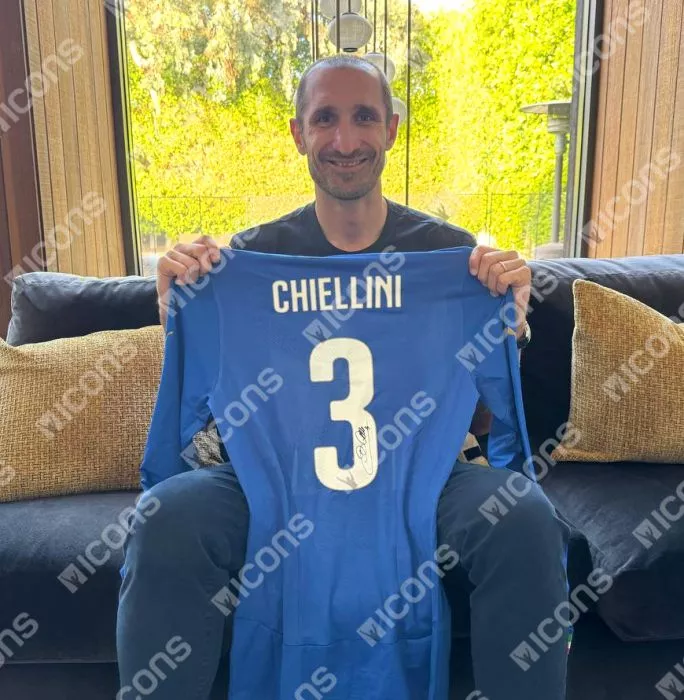Icons Giorgio Chiellini Back Signed Italy 2014-15 Authentic Home Shirt With Fan Style Number In Hero Frame: Option 1