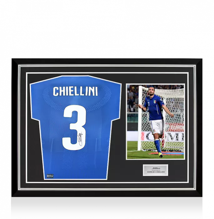 icons Giorgio Chiellini Back Signed Italy 2014-15 Authentic Home Shirt with Fan Style Number In Hero Frame: Option 1