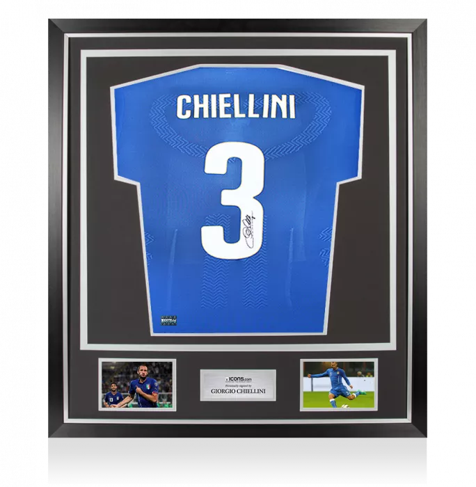 icons Giorgio Chiellini Back Signed Italy 2014-15 Authentic Home Shirt with Fan Style Number In Classic Frame