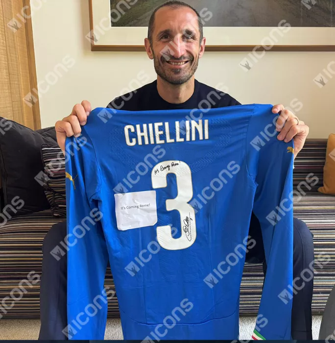 Icons Giorgio Chiellini Back Signed Italy 2014-15 Authentic Home Shirt - "It's Coming Rome " Inscription In Hero Frame: Option 1