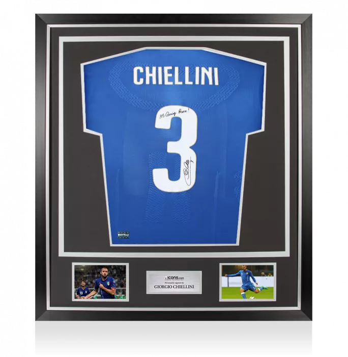 icons Giorgio Chiellini Back Signed Italy 2014-15 Authentic Home Shirt - "It's Coming Rome " Inscription In Classic Frame