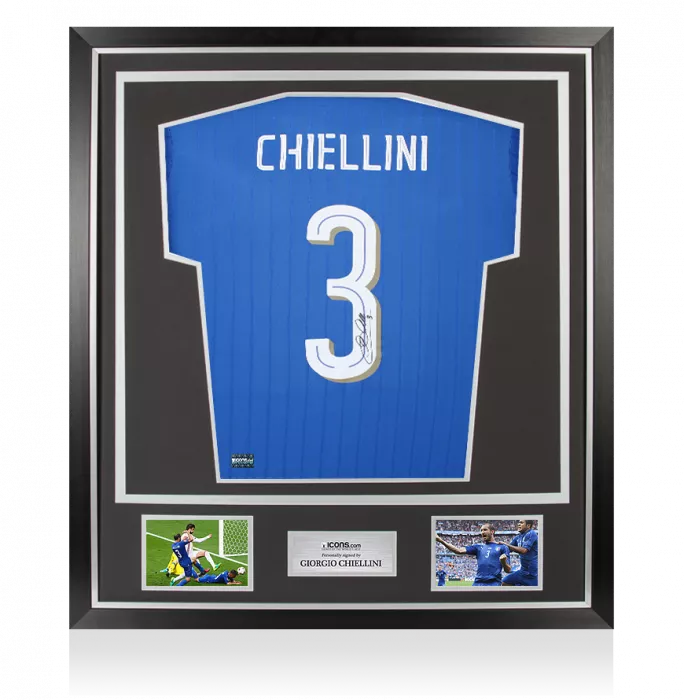 icons Giorgio Chiellini Back Signed Italy 2016-17 Home Shirt with Fan Style Number In Classic Frame