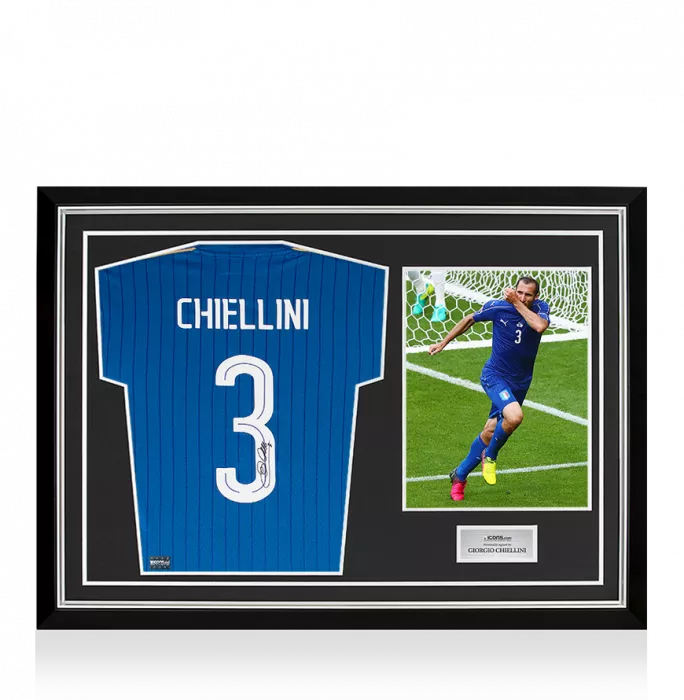 icons Giorgio Chiellini Back Signed Italy 2016-17 Home Shirt With Fan Style Numbers In Hero Frame: Option 1