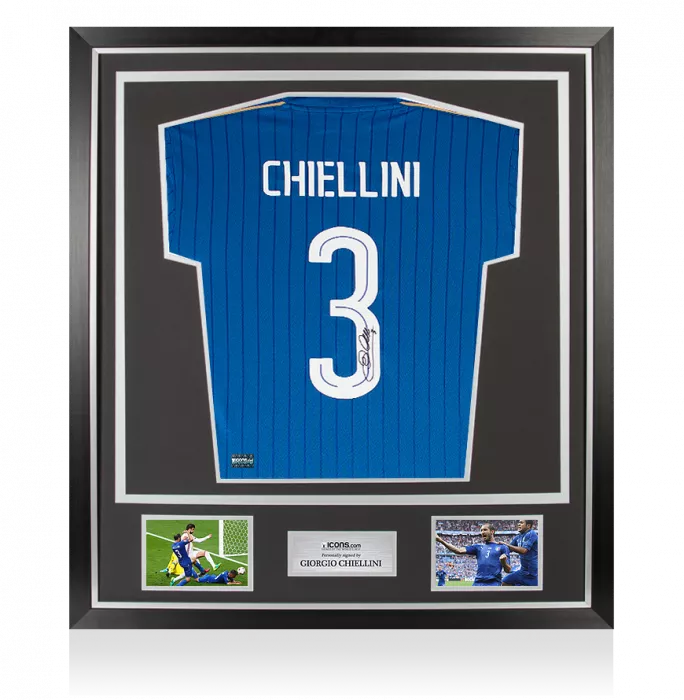 icons Giorgio Chiellini Back Signed Italy 2016-17 Home Shirt With Fan Style Numbers In Classic Frame