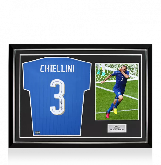icons Giorgio Chiellini Back Signed Italy 2016-17 Home Shirt with Fan Style Number In Hero Frame: Option 1