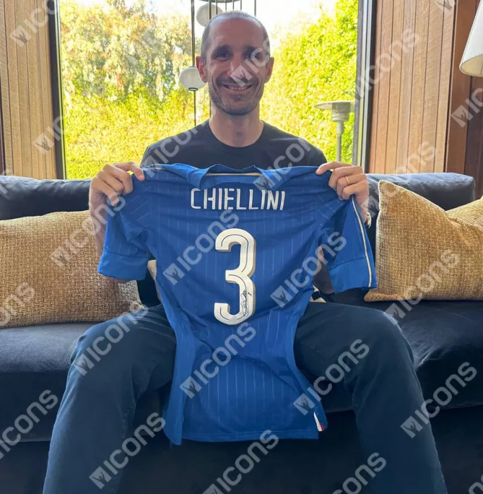 Icons Giorgio Chiellini Back Signed Italy 2016-17 Player Issue Home Shirt With Fan Style Number In Deluxe Packaging