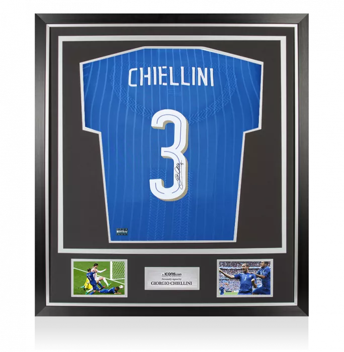 icons Giorgio Chiellini Back Signed Italy 2016-17 Player Issue Home Shirt with Fan Style Number In Classic Frame