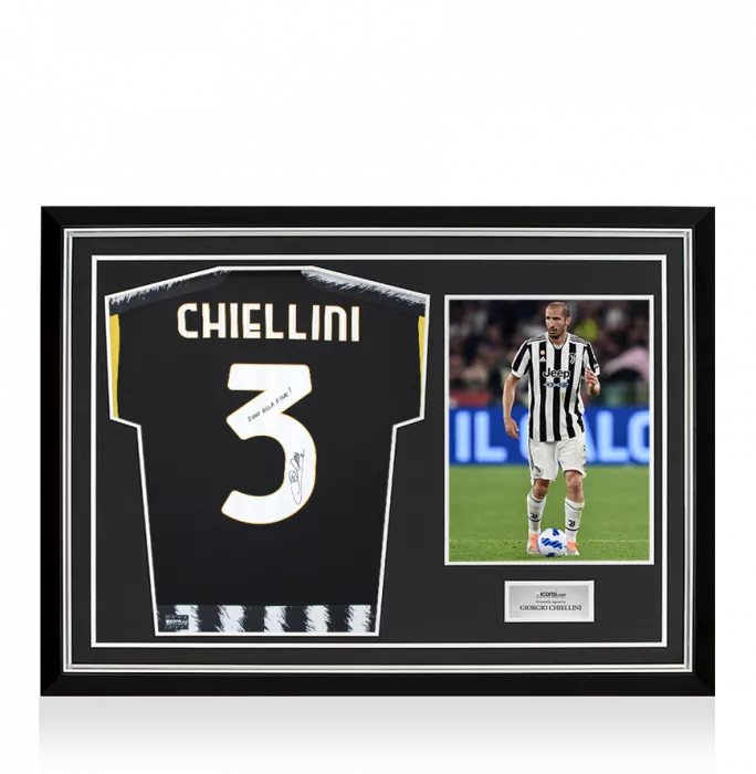 icons Giorgio Chiellini Back Signed Juventus 2023-24 Shirt - "Fino Alle Fine" Inscription In Hero Frame: Option 1