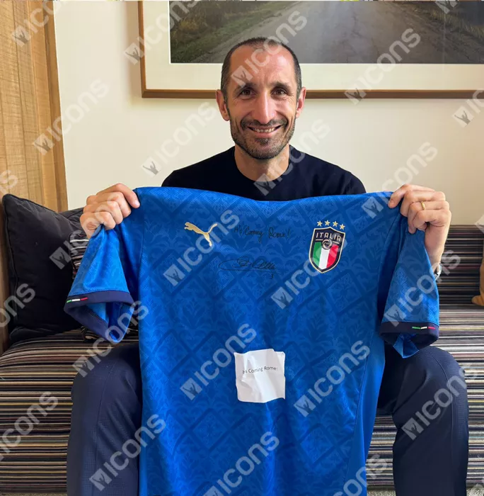Icons Giorgio Chiellini Front Signed Italy 2020-21 Home Shirt - "It's Coming Rome " Inscription In Classic Frame