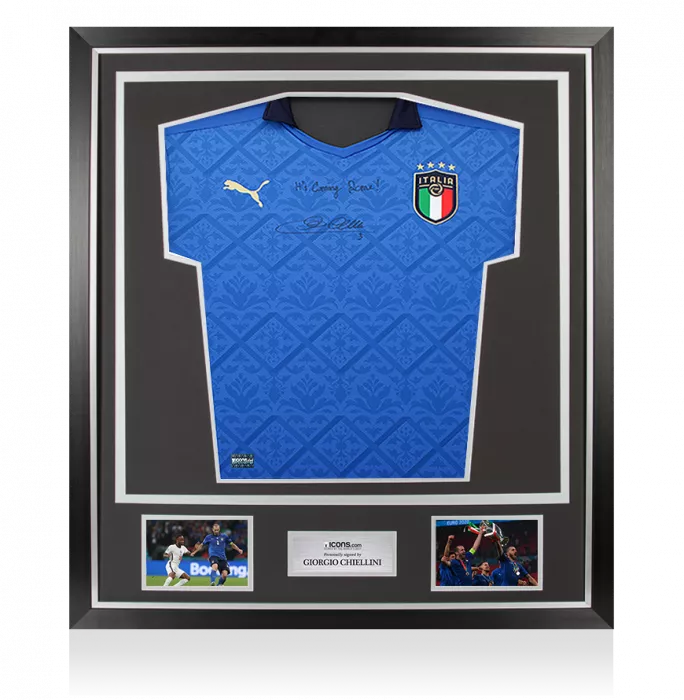 icons Giorgio Chiellini Front Signed Italy 2020-21 Home Shirt - "It's Coming Rome " Inscription In Classic Frame
