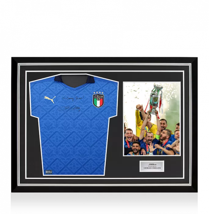icons Giorgio Chiellini Front Signed Italy 2020-21 Home Shirt - "It's Coming Rome " Inscription In Hero Frame: Option 1
