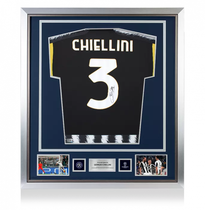 icons Giorgio Chiellini Offcial UEFA Champions League Back Signed and Framed Juventus 2023-24 Home Shirt