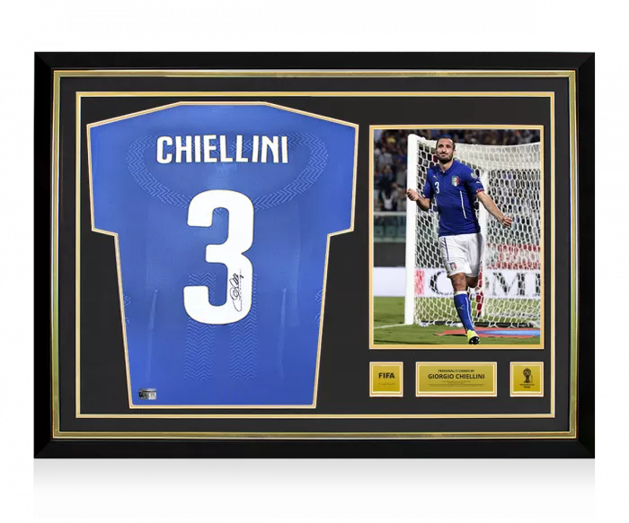 icons Giorgio Chiellini Official 2014 FIFA World Cup™ Back Signed and Hero Framed Italy 2014-15 Home Shirt with Fan Style Number