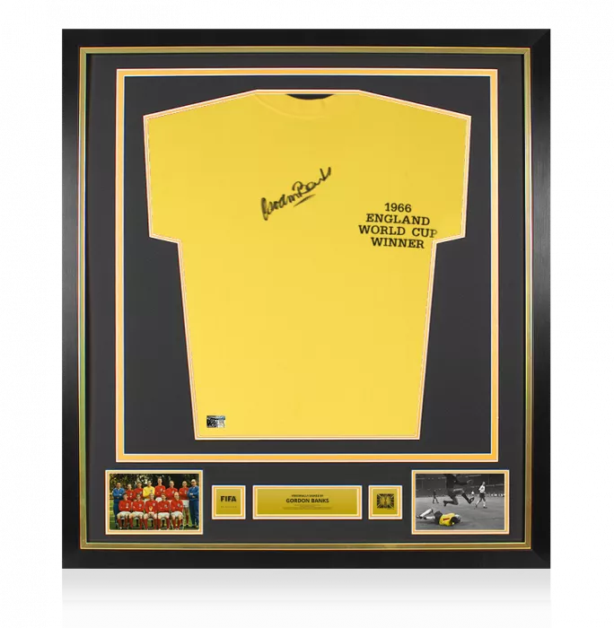 icons Gordon Banks Official 1966 FIFA World Cup™ Front Signed and Framed Yellow England Goalkeeper Shirt: 1966 Winner's Edition