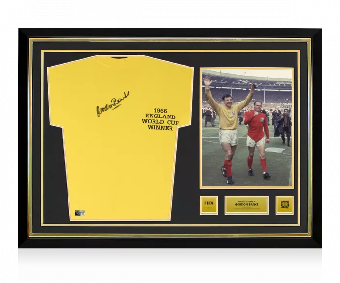 icons Gordon Banks Official 1966 FIFA World Cup™ Front Signed and Hero Framed Yellow England Goalkeeper Shirt: 1966 Winner's Edition