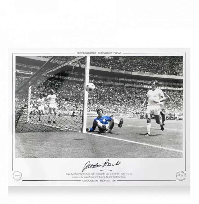 Icons Gordon Banks Signed England Print In Premium Photo Frame: 1970 World Cup Save Vs Brazil