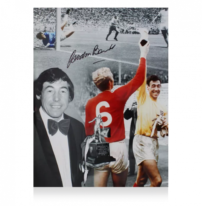 Icons Gordon Banks Signed Montage Photo In Black Wooden Frame: Footballer Of The Year And World Cup Trophies